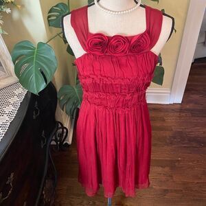 Burlapp Sz 4 💯 Silk Rosette Limed Red Dress